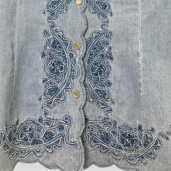 Lafei-Nier Western Denim Chambray Embroidered Top Women’s L Rhinestone Blouse - Picture 3 of 9